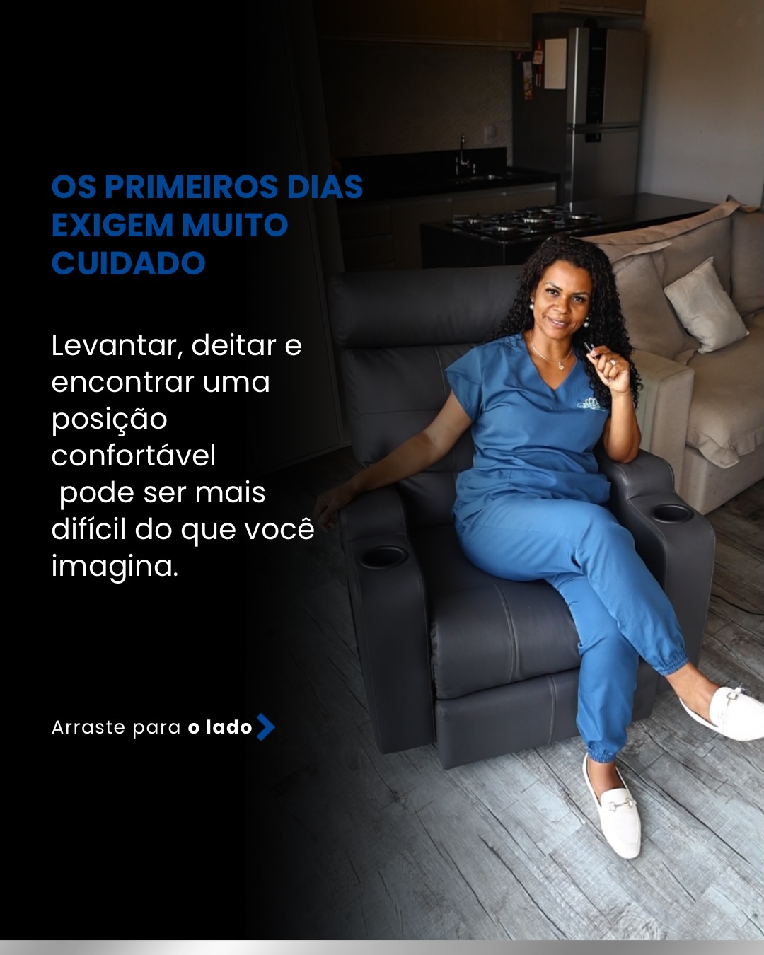 Valéria Gomes sentada em uma poltrona de atendimento